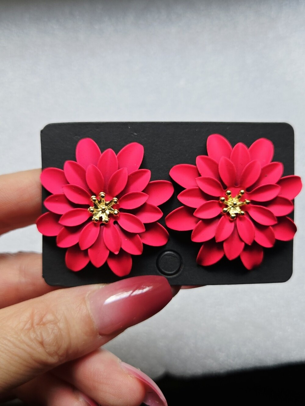 Hot Pink Flower Statement Earrings with Gold Centers